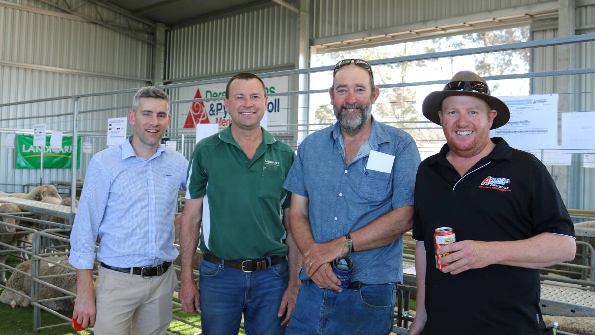 Ryan Meldrum (left), Rabobank Esperance and Darren Chatley, Landmark Brindley & Chatley, Esperance, chatted with buyers Murray Ayers, Ayers Family Farming, Cascade / Salmon Gums, (three rams) and Rocket Roberts, Milarup Grazing, Lake King, (eight rams).