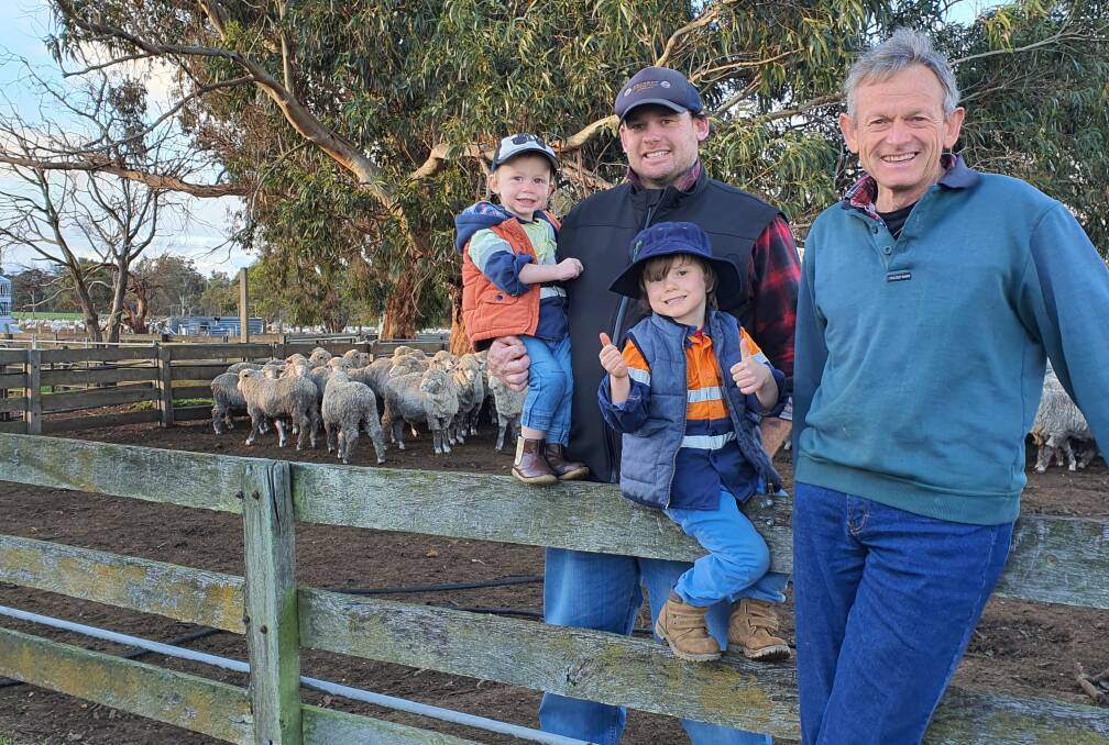 The Bilney family, Kojonup, won WAMMCO's June Producer of the Month award. The family is now preparing to send Merino wether lambs to WAMMCO. With some of the lambs were Matthew (left) and Roger Bilney, with Matthew's sons Arthur and Freddie.