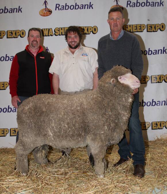 The Norrish familys Angenup stud, Kojonup, sold a March shorn Poll Merino ram to the Seymour Park stud, Highbury, for the sales $20,000 equal second top price. With the ram were Seymour Park stud classer Nathan King (left), Elders stud stock, buyer Clinton Blight, Seymour Park stud and Angenup stud co-principal Gavin Norrish.