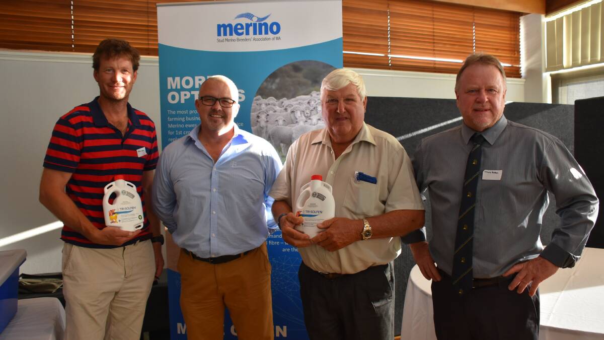 Bayer sponsored two door prizes at last week's Stud Merino Breeders' Association of WA annual general meeting. The winners were Kristin Lefroy (left), Cranmore stud, Walebing and Peter Rintoul (second right), Auburn Valley stud, Williams. With them is Bayer area manager northern and central Paul Dugan and outgoing Stud Merino Breeders' Association of WA president Wayne Button, Manunda stud, Tammin.