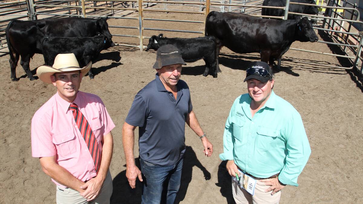 With the two mature stud Black Simmental cows (by Bonnydale Tanker L36) and their heifer calves at foot which sold for $3200 and $3000 each to the Hopkins family, Wormbete Black Simmental, SimAngus and Simmental studs, Illabo, New South Wales, operating on AuctionsPlus, were Elders South West livestock manager Michael Carroll (left), Bullock Hills stud principal Brad Patterson, Woodanilling and Nutrien Livestock, Bridgetown agent Ben Cooper.