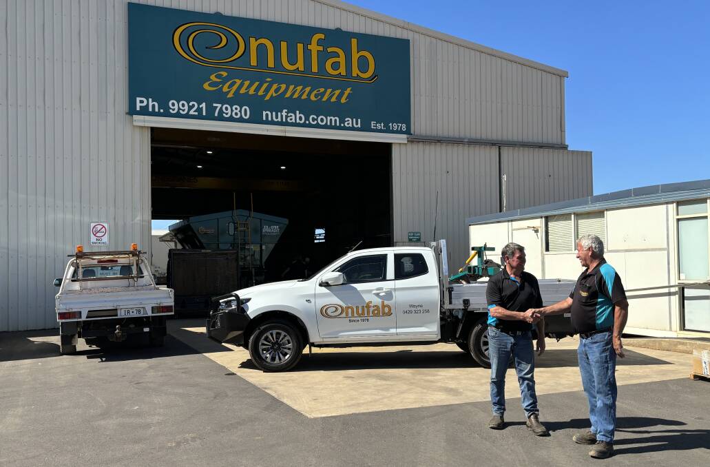 Peter Nunn (right), welcoming Wayne Stoner to the Nufab team with his new ute in front of the Nufab factory in Geraldton.