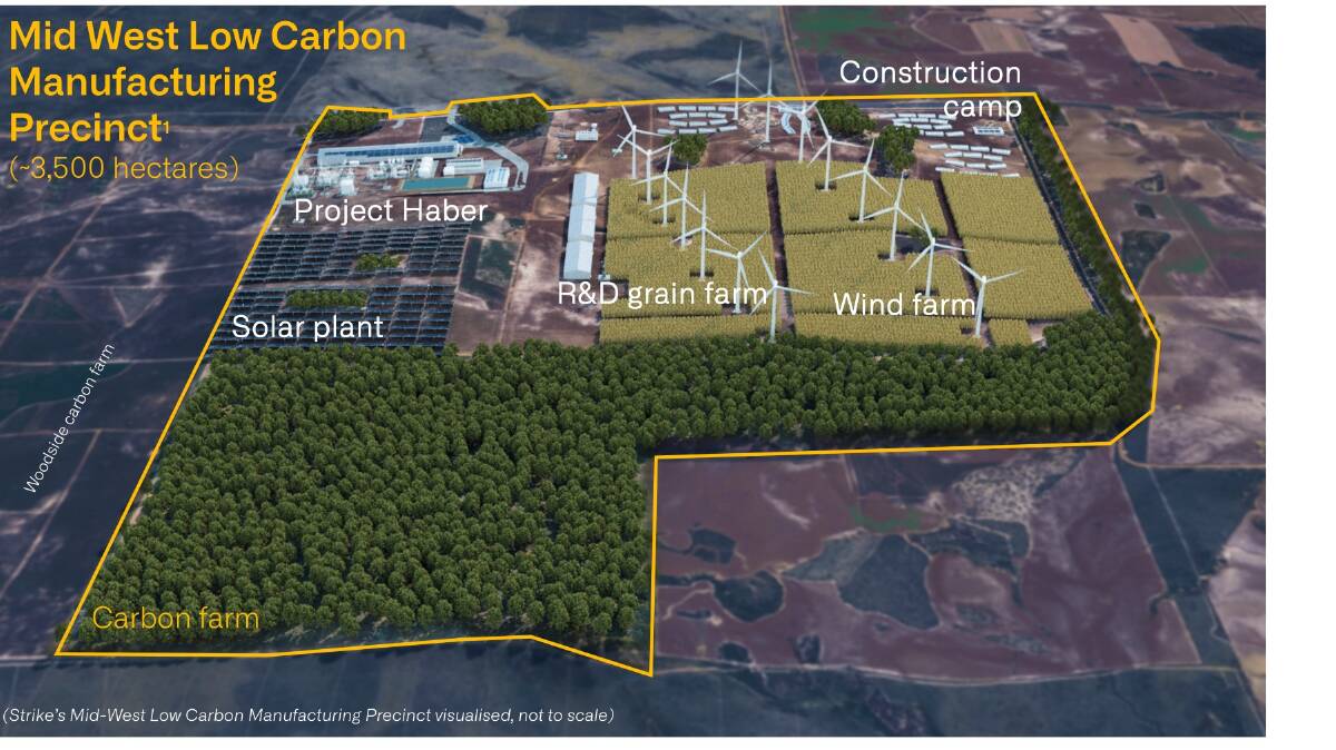 The proposed layout of Strike Energys Mid West Low Carbon Manufacturing Precinct, west of Three Springs. Its Project Haber granulated urea fertiliser plant is proposed in the north west corner using natural gas from the South Erregulla 1 well on the 3500 hectare site. The urea plant is proposed to be powered by a solar array immediately south of the plant and a wind farm on parallel ridges running across the property. Cropping research and development could be conducted on the area around and under the wind farm and the southern half of the property is proposed to be revegetated as a carbon sequestration project and may eventually abut a similar carbon offset project on a neighbouring property.