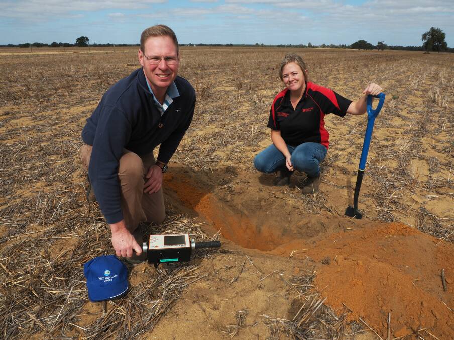WMG executive officer Nathan Craig and WMG mixed farming systems officer Brianna Hindle soil testing for the Ripper Gauge project in May 2018.