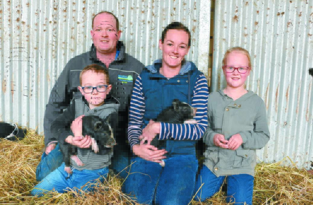 Josh and Emma Lay with their children, Toby, 5 and Dakota, 8, and some of their piglets.