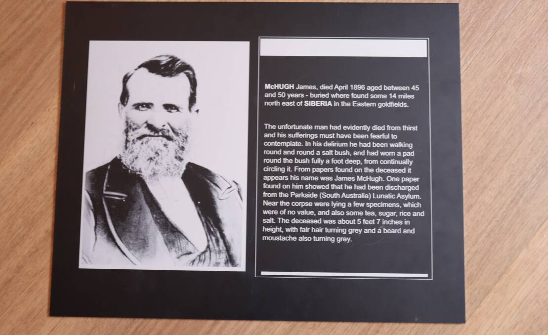 An example of a more complex laser engraved plaque that Outback Grave Markers hopes to produce in the future. The group is fundraising to buy a $95,000 machine to make the plaques. This one was for James McHugh who was "buried where found" in 1896 near Siberia in the eastern Goldfields.