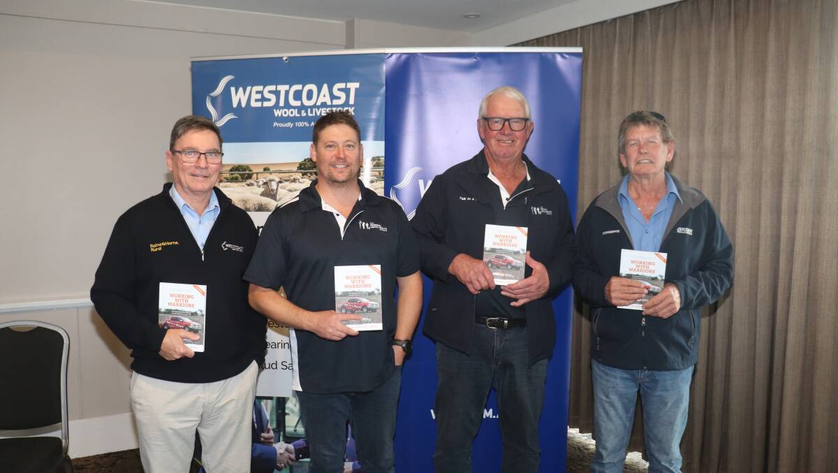 Holding copies of the Regional Mens Health Initiative (RMHI) book, Working with Warriors, were Westcoast Rural managing director Gerald Wetherall (left), RMHI community educator Terry Melrose and chairman Ross Ditchburn, who both spoke at the conference and Westcoast Rural, livestock representative Barry Gangell, Kulin.