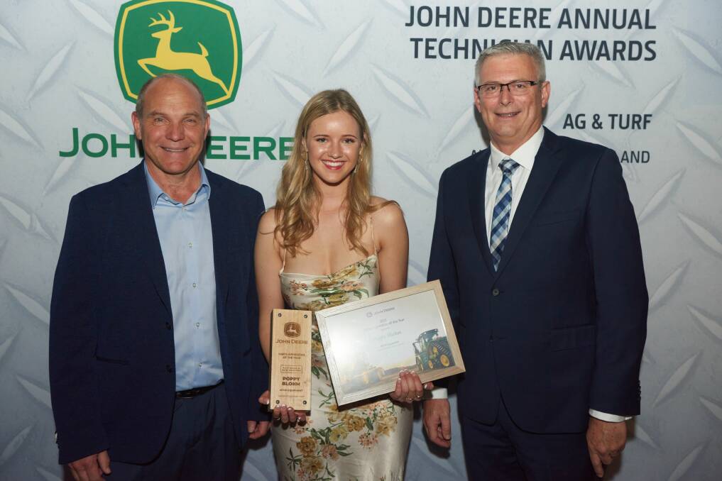  John Deere Australian parts apprentice of the year, Poppy Blohm from AFGRI Equipment Narrogin with AFGRI operations director Wessel Oosthuizen (left) and John Deere regional training manager Royce Bell.