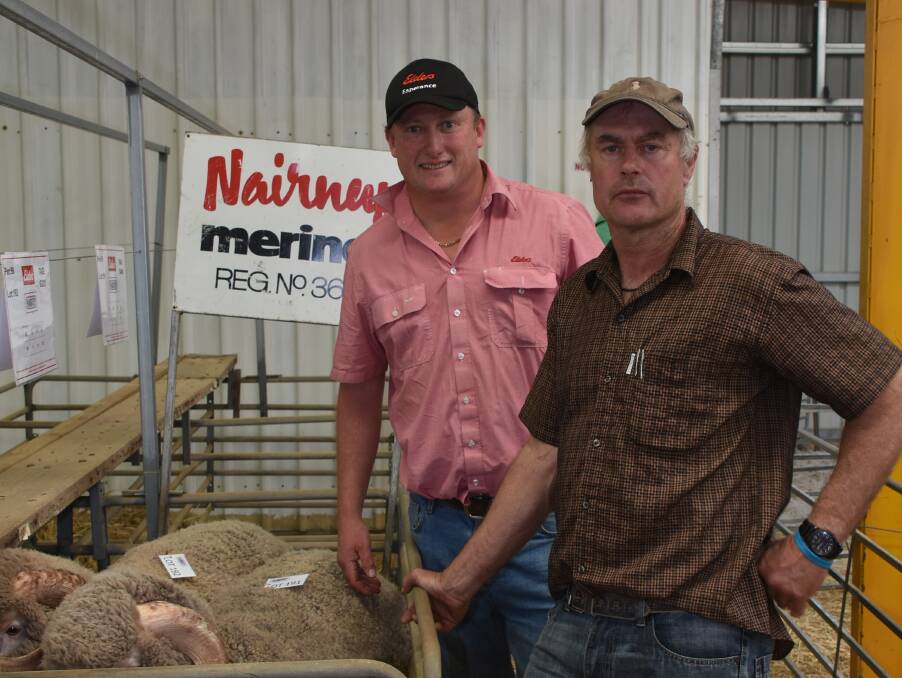 With the $1400 top price ram from the Nairnup stud, Munglinup, were Elders Ravensthorpe representative Craig Higgins (left) and Nairnup principal Ross Gibson.