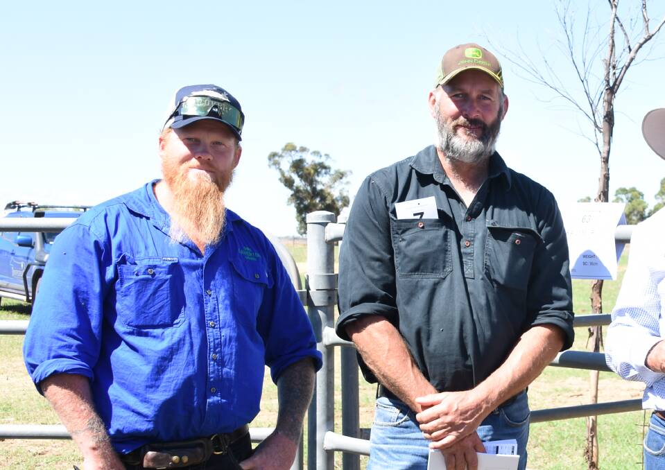 Laverton Downs station manager Chris Haase (left) and owner Trevor Schutz at last years Biara Santa Gertrudis annual on-property sale where they bought three bulls.