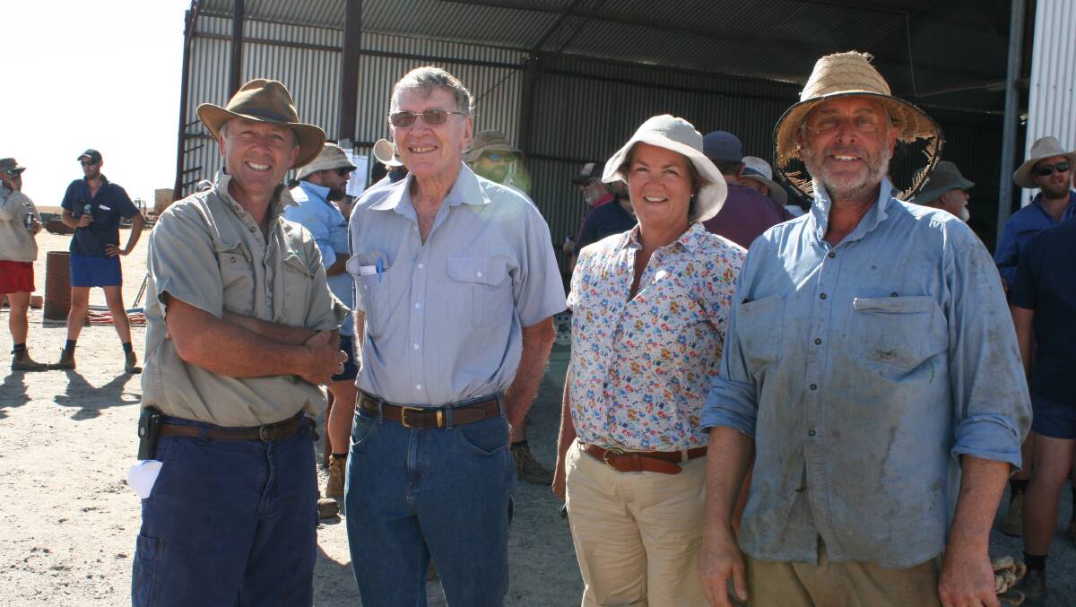 Happy after his clearing sale was Mic Fels (left), Esperance/Three Springs, with his father-in-law Michael Thomas, Mullewa, his sister Mary Anne Young, Esperance and Mr Fels’ workman Craig Clifton, Esperance.