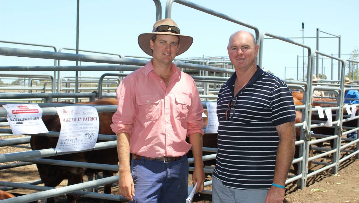 Elders Boyanup representative Alex Roberts (left) inspected a number of bulls before the sale commenced with Steven Abbott, Capercup Pty Ltd, Moodiarrup. During the sale Mr Abbott secured three Kingslane sires for $4000 each.