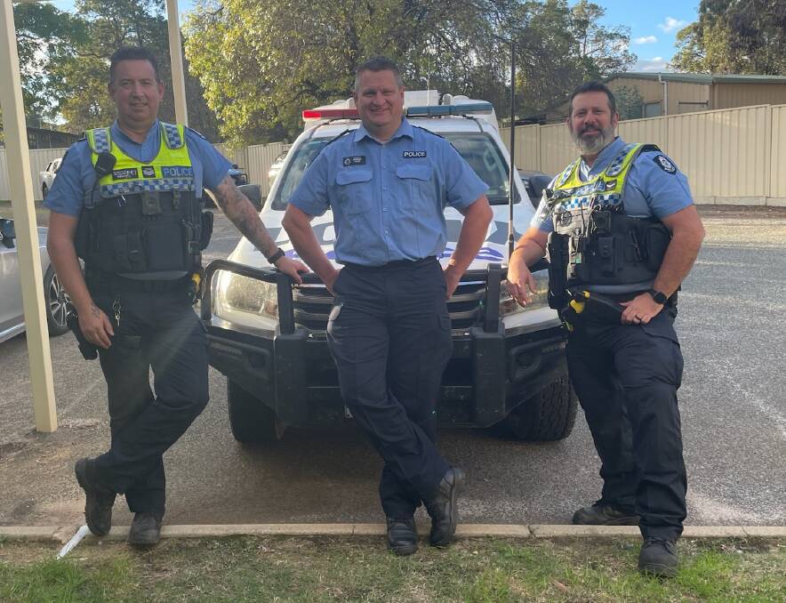 Gingin Police Station officers senior constable Adam Robertson (left), sergeant Dave Harnett and first-class constable Ryan O'Driscoll.