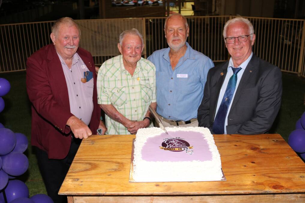 Cutting the Wagin Woolorama 50th anniversary cake were Wagin Agricultural Society (WAS) life members Malcolm Edward (left) and Maurie Becker, Wagin Woolorama president Paul Powell and fellow life member Ric McDonald, Wollaston, who officially opened the event.