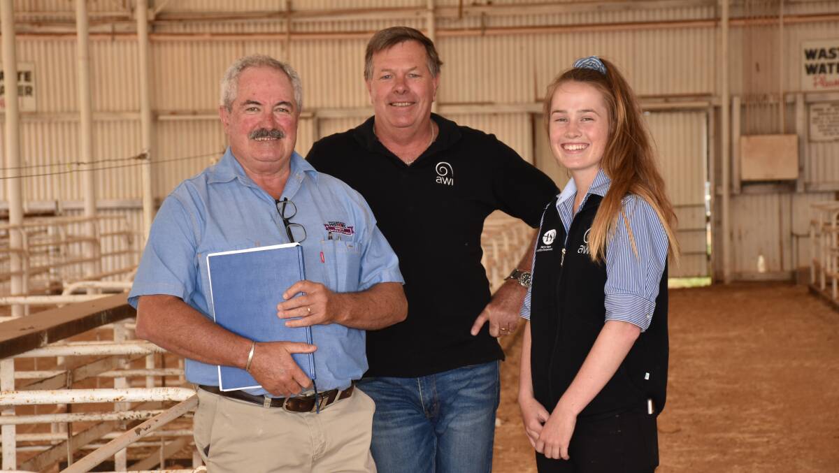 Merino head steward Peter Foley (left) and local AWI woolgrower services manager and Merino section compere Graeme Curry with Lauren Rayner, Brookton, who will be one of two trainee judges working alongside local and interstate judges to gain experience.
