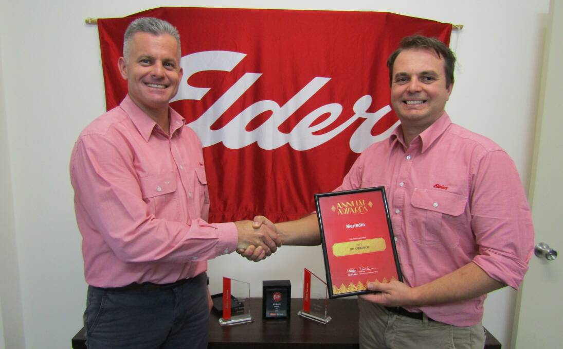 Will Morris (left), Merredin, was recognised as an 'Elite' agent and No. 2 rural salesperson (gross commission and settled sales). He is photographed with real estate executive WA rural, Simon Cheetham, accepting the award on behalf of the Merredin branch as No. 5 branch (gross commission).