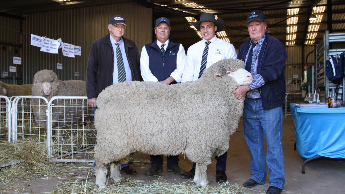 With semen sire Lewisdale Monty 4 which a half semen share sold for $15,000 to Chinese company Housheng Co Ltd at Lewisdale's annual on-property ram sale at Wickepin on Saturday were Lewisdale stud representative of 52 years John Sherlock (left), Narrogin, Glasser Total Sales Management auctioneers Michael Glasser and Lincoln McKinlay and Lewisdale stud principal Ray Lewis.