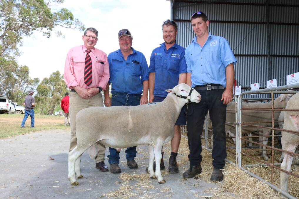 With the $2000 top-priced White Suffolk and equal top-priced ram of the sale at Ridgetop last week were Elders stud stock representative Michael O'Neill (left), buyers Laurie and Brenton Fairclough, Stockdale White Suffolk stud, York and Ridgetop stud principal Denam Carter, Narrikup.