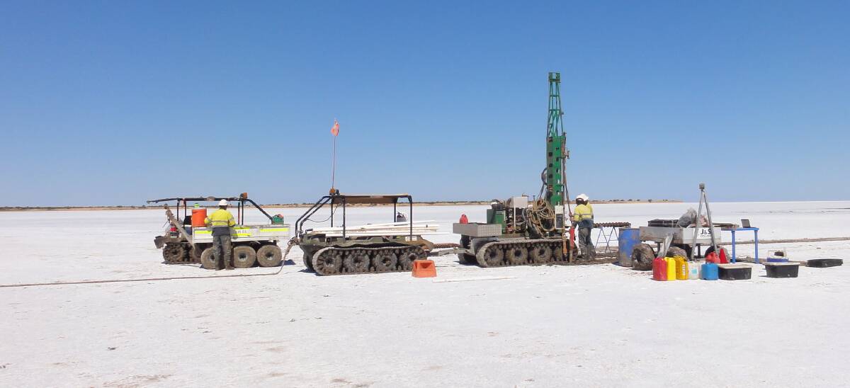 The search for potassium-rich brine beneath remote WA salt lakes, suitable for the production of Sulphate of Potash fertiliser, has intensified. This is a picture of Agrimin Ltd's drilling program on Lake Mackay on the WA/Northern Territory border.