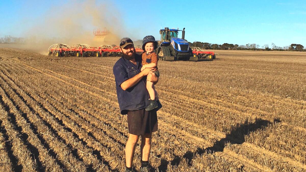Sam Defrenne and his son Fletcher farm at Grass Patch, were putting in faba beans in this photo from mid-April and had also started dry seeding canola. Mr Fletcher said they pulled the trigger because they were ready and the grain doesn't grow in the silo.