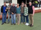 Celebrating the auction, were Colin Lindley (left), who bought the Guests block, Dan Barnett, the Home Farm buyer, with vendors John, Renae, Kane and Madison Corsini, Sandford View Farms and Elders Real Estate agent Will Morris.