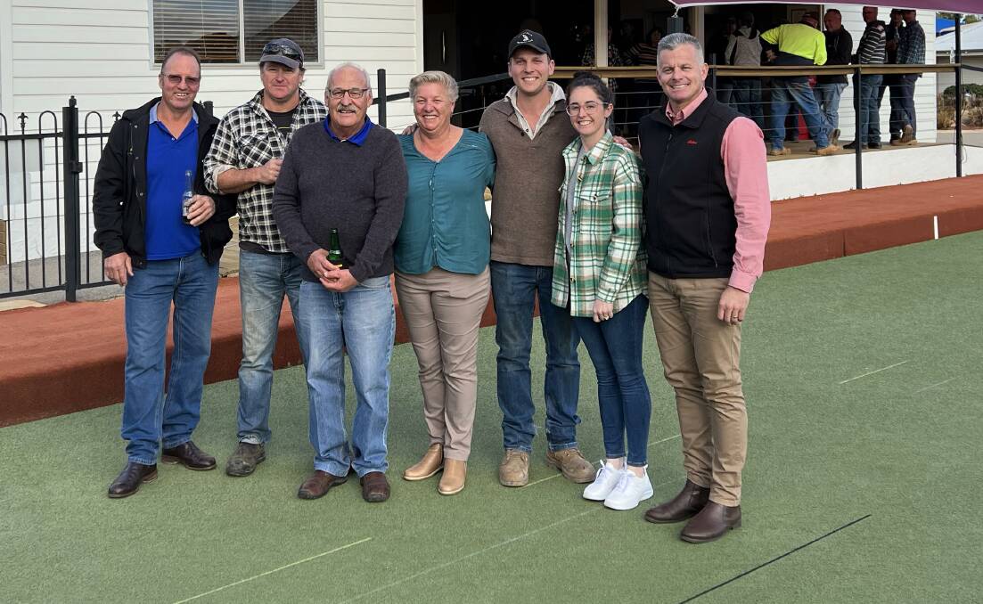 Celebrating the auction, were Colin Lindley (left), who bought the Guests block, Dan Barnett, the Home Farm buyer, with vendors John, Renae, Kane and Madison Corsini, Sandford View Farms and Elders Real Estate agent Will Morris.