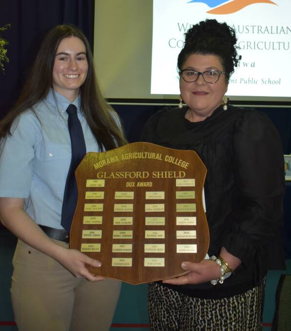Sophie McCagh received the Glassford Shield as the 2020 college dux, from Morawa District High School principal Tonia Carslake.
