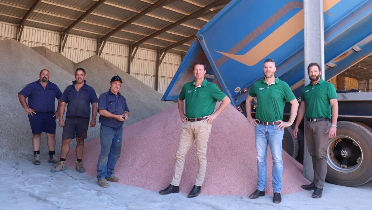 Toodyay grower Darren Best (left), farm hand Hannes Joubert and mechanic Sean Corbin with Nutrien Ag Solutions WA retail fertiliser manager Stewy Gray, WA sales distribution manager Nathan Cuthbert and WA region fertiliser manager Shane Page.
