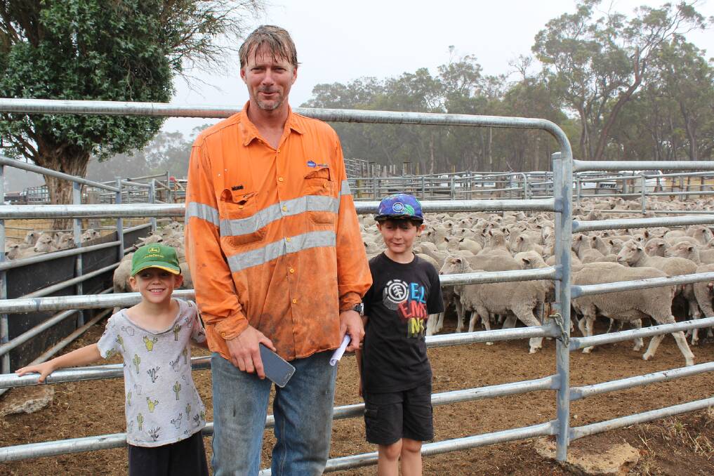 Tony Warham, Valemarie, Cranbrook and his boys Camden and Lachlan attended the Sounness clearing sale last week. Mr Warham purchased a line of 201 1.5yo Merino ewes for $115.