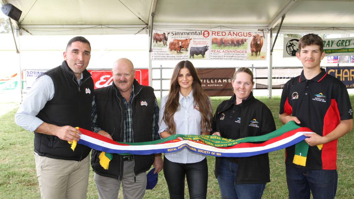 Western Meat Packers paid the sale's $4200 third top price for a Red Angus steer exhibited by Esperance Farm Training Centre that was awarded reserve grand champion and champion extra heavyweight led steer. Catching up following the sale were Western Meat Packers Anthony Morabito (left), Greg Jones and Kate Russell and Esperance Farm Training Centre farm manager Crystal Henderson and year 11 student Mason Winfield.