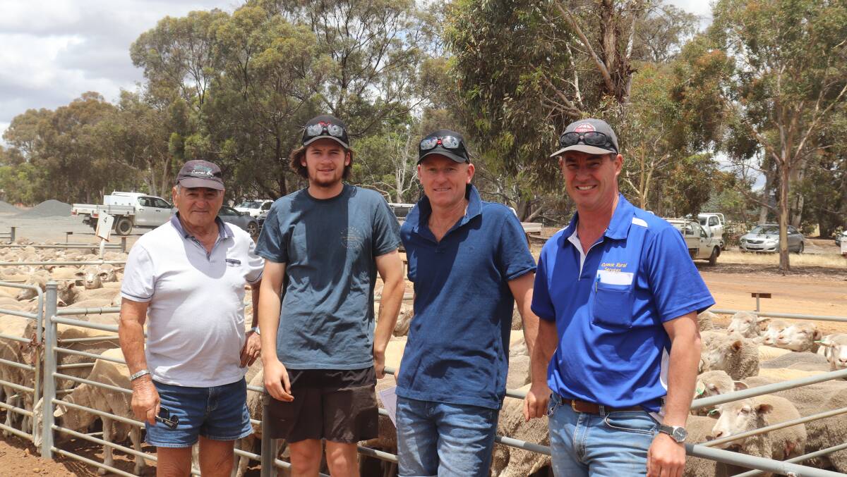 Dom Ursino (left), Bunbury, Adam and Richard Schinzig, Moodiarrup and Sean Cusack, Cusack Rural Services enjoyed the day out at the Kojonup saleyards.