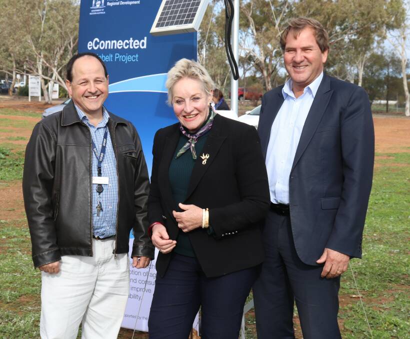 Grainbelt Internet of Things project manager Darren Gibbon (left) with Agriculture and Food Minister Alannah MacTiernan and Agricultural Region MP Darren West at DPIRD's Northam office for the funding announcement last week.
