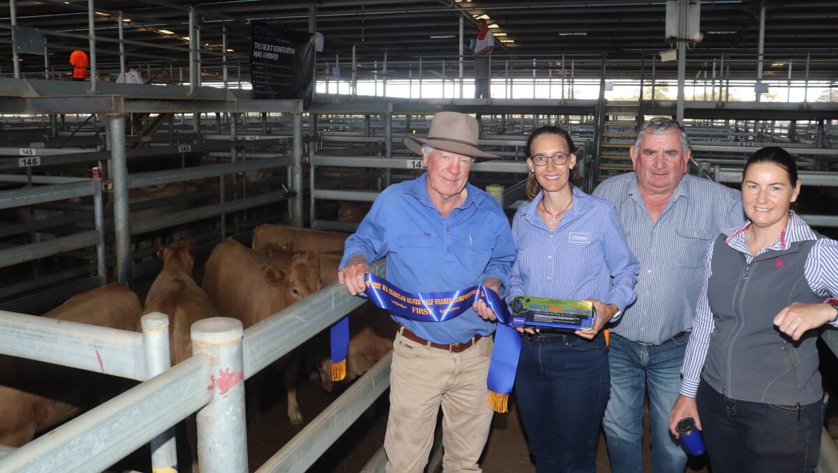 Champion heifer pen winner Bruce Campbell (left), AS & M Campbell & Son, Keysbrook, with Virbac sponsor Kylie Meloury, WA Charolais Society member and Charolais Silver Calf Competition co-ordinator Andrew Cunningham, Elgin and judge Lisa Bendotti, Pemberton at the AWN Livestock 21st Annual Pinjarra and Districts Weaner Sale at the Muchea Livestock Centre last week. The pen of heifers was made up of seven Charolais heifers weighing an average of 389kg and sold for 490c/kg and $1873.