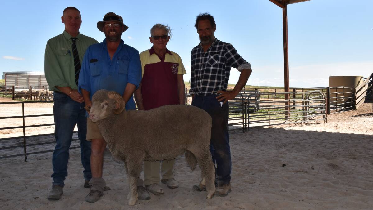 Landmark auctioneer Murray Paterson (left), with Neil Sadler, Three Springs, holding one of the four $900 equal top price rams at the Arrin Park ram sale last week. With him is stud principal Neill Reed and another top price payer Peter Mitchell, Mingenew.