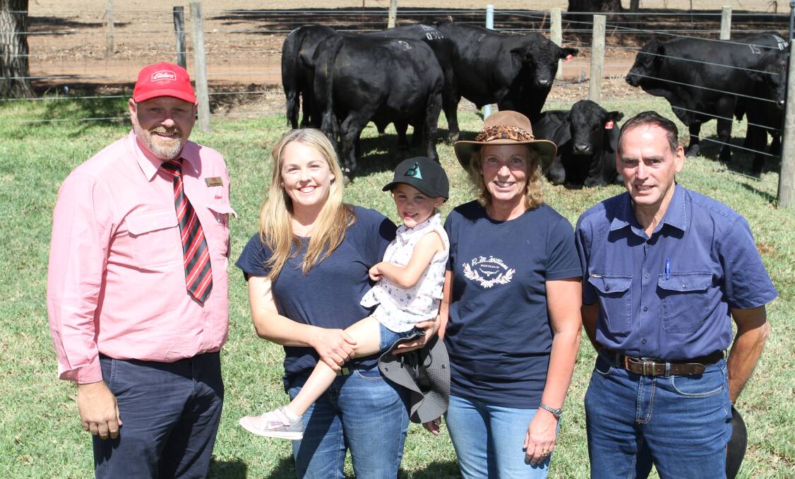 Elders WA livestock zone manager Simon Wilkinson (left) with buyers Paula, Charlotte, Karen and Alf Carroll, Tirano Farms, Nannup, following the Bonnydale sale. The Carroll family purchased three Black Simmental yearling bulls costing from $11,000 to $11,500.