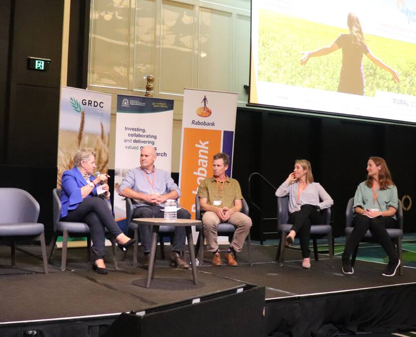 Speakers on the panel discussion on climate change were WA Agriculture and Food Minister Alannah MacTiernan (left), independent consultant Richard Brake, Corrigin farmer Simon Wallwork, CBH Group quality and sustainability manager Jane Wardle and Goomalling farmer Christie Kingston.