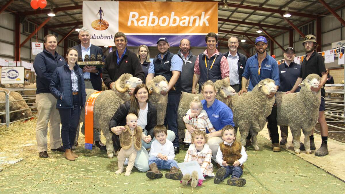 The Wise family's Wililoo stud, Woodanilling, won the Rabobank Trophy for the first time at the 2021 Rabobank WA Sheep Expo & Ram Sale at Katanning last week. Rabobank representatives congratulated members of the Wise family on their win with a group of five March shorn rams.