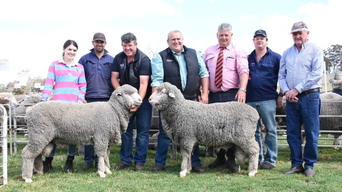 Prices hit a high of $3000 twice for these two Poll Merino rams at the Rangeview on-property ram sale at Darkan. With the rams were buyers Mackenzie (left) and Steven Goss, Brookside Farming, Pty Ltd, Darkan, Rangeview co-principal Jeremy King, Nutrien Livestock Great Southern representative Geoff Daw, Elders Darkan Wayne Peake, buyer Daniel Zadow, WR & PC Zadow, Kojonup and Rangeview's John King.