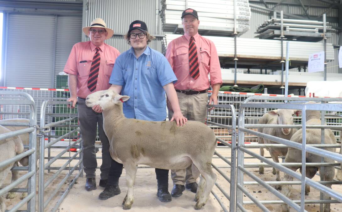 With the top price $1550 White Suffolk ram bought by Elders stud stock prime lamb specialist Michael ONeill (left), on behalf of Harris Thompson, Venturon Livestock, Boyup Brook, is Millinup stud principal John Stephenson and Elders Albany branch manager Travis King.