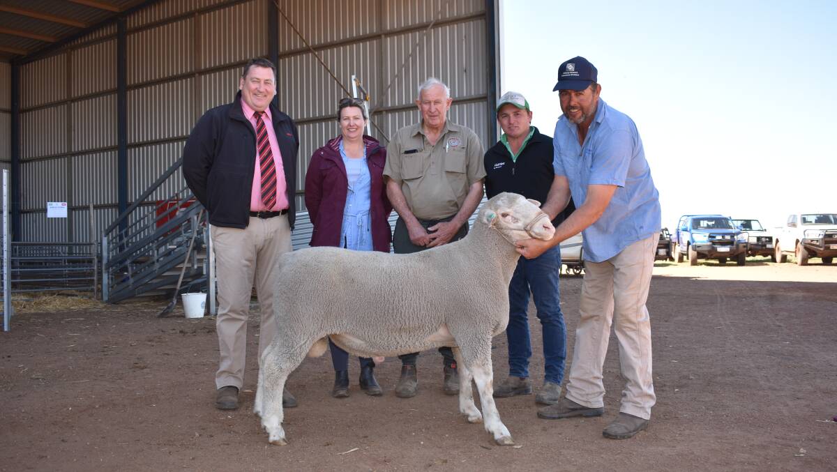 Elders stud stock manager Tim Spicer (left), buyers Kelly Gooch and father Ross Taylor, Tiarri Prime SAMM stud, Lake Grace, Nutrien Livestock Kojonup agent Troy Hornby and Shirlee Downs and Dongadilling studs co-principal Sascha Squiers, with the $4000 top-priced stud Prime SAMM sire.