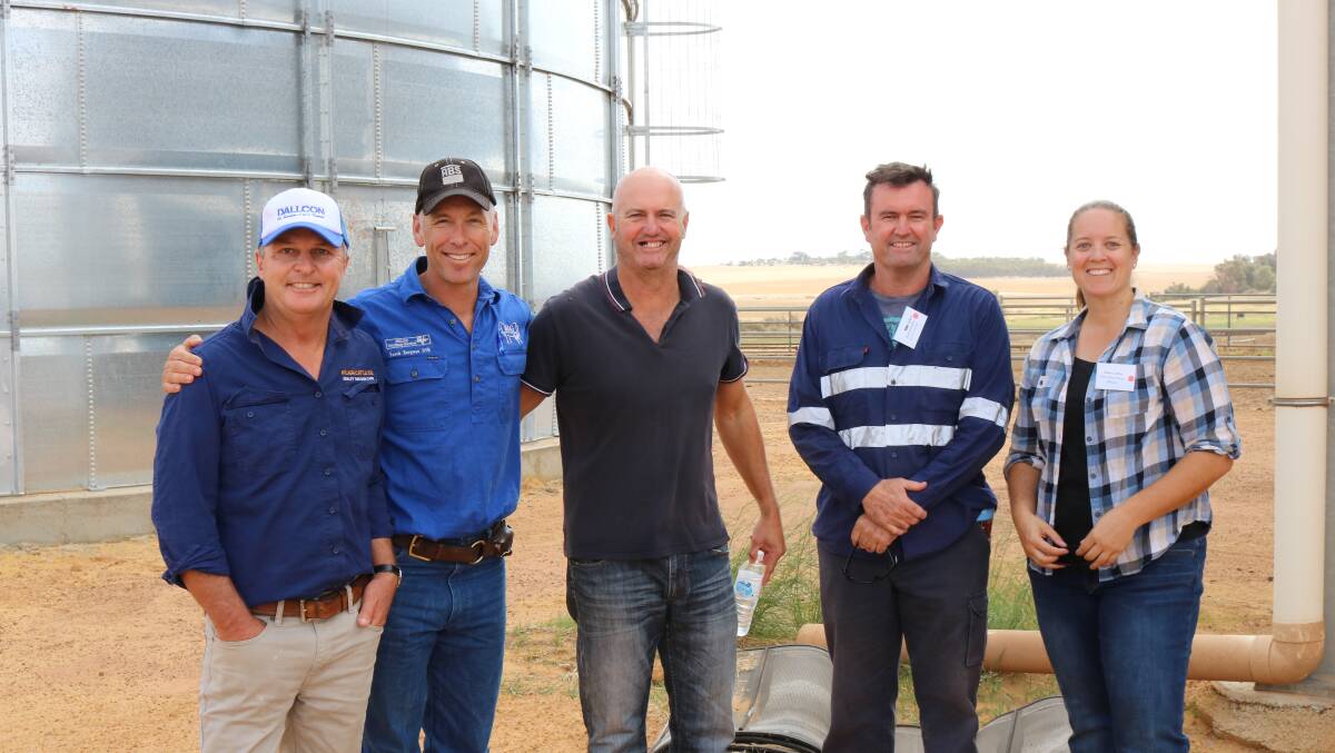 Day one host Ivan Rogers (left), Kylagh Feedlot, Tammin, WALFA committee member Enoch Bergman, Swans Veterinary Services, Esperance, day two hosts Todd and Glen Quartermaine, Ucarty Feedlot, Dowerin and new WALFA executive officer Claire Coffey.
