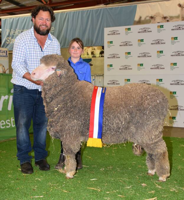 Claypans stud's Steven and Lily Bolt, Corrigin, with the champion autumn shorn Poll Merino ram over 1.5 years exhibited by the Claypans stud.