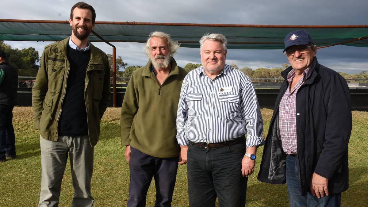  Discussing the benefits of the breed during a break in the field day were Christophe d'Abbadie (left), Argentina, Ken Shaw, Denmark, agricultural and pastoral consultant Alan Peggs, who spoke on the day and John Macaulay, West Coolup.