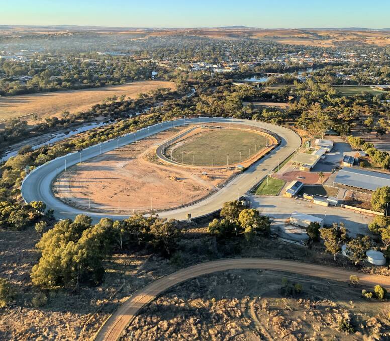 Northam township from a hot-air balloon, with the trotting and greyhound tracks in the foreground.
