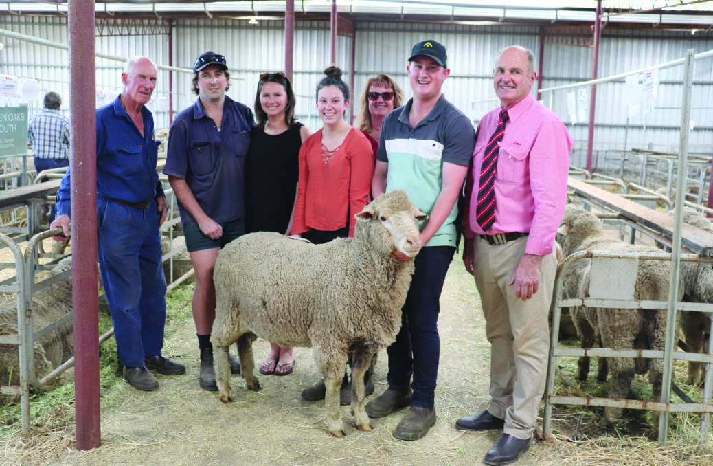 Volume buyer during the Carribber ram sale at Merredin was SJ & TS Higgins, Muntadgin, which purchased 12 rams to a top of $1100. With one of the Higgins family ram purchases was Carribber principal Richard Steel (left), Luke and Sarah Higgins, Muntadgin, Lauren, Robyn and James Steel, with Elders Merredin branch manager Andrew Peters.