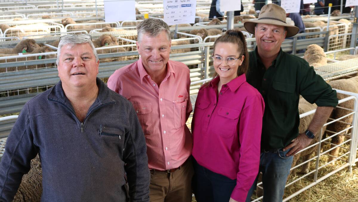 Snapped after the sale were Poll Merino buyers Peter Scott (left), Scott Grazing Co, east Chapman, who bought five from Lewisdale-Corrigin, Elders commercial sheep manager Mike Curnick and Phoebe and her father Richard Milne, MA Milne & Co, Borden, who bought five from Eastville.