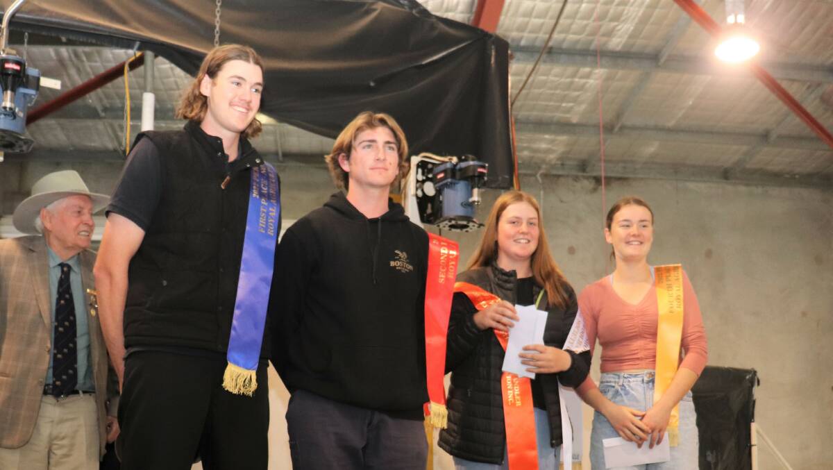 Novice woolhandler finalists, George Burt (left), winner, Frazer Sutherland second, Abby Boyle third and Charlotte Crossen fourth.