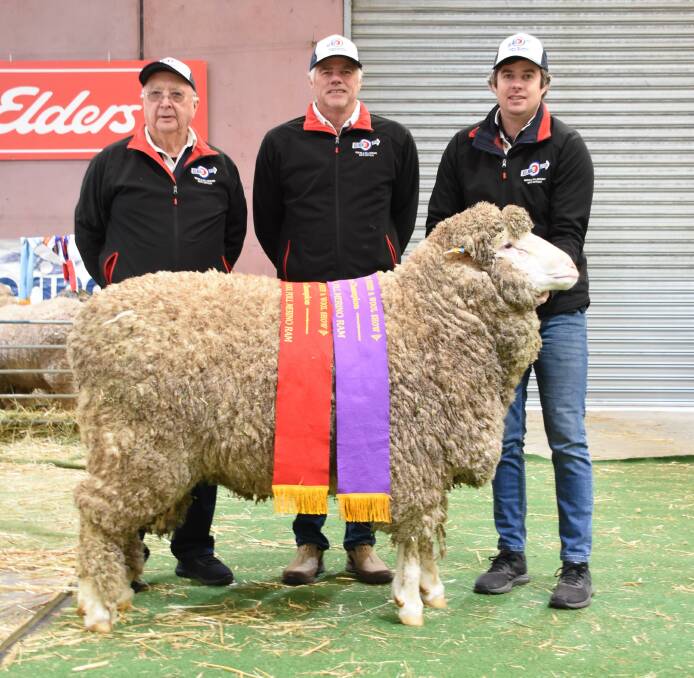 The Kolindale stud, Dudinin, exhibited the reserve champion strong wool ram, reserve champion strong wool Poll Merino ram and reserve champion August shorn strong wool Poll Merino ram. With the ram were Kolindale representative and former stud principal Colin Lewis (left) and stud principals Mathew and Luke Ledwith.