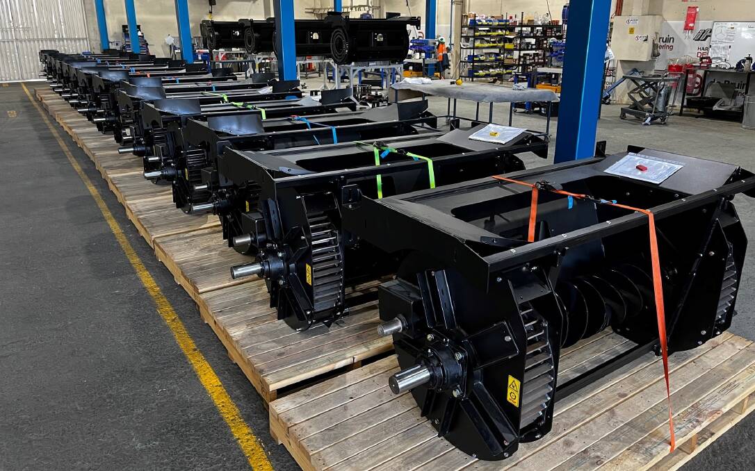 Integrated Harrington Seed Destructor units ready to roll off the production line at de Bruin Engineering in Mount Gambier, South Australia.