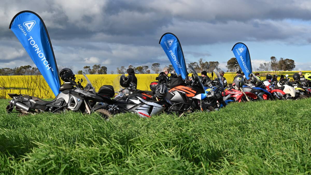 Some of the line-up of motorbikes on the recent ADAMA WA 2-Wheel Trial Tour during a visit to a fungicide trial at the TrialCo research site near Katanning to discuss the effectiveness of ADAMA's upcoming Maxentis and Proviso fungicides, as well as its recently released Topnotch product, for disease control in barley.